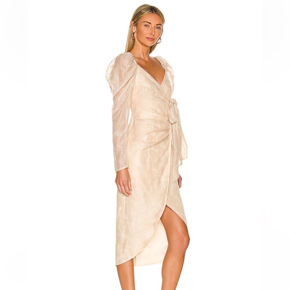 Tularosa Rene Dress sandstone beige midi puff sleeve bow romantic Revolve - Picture 3 of 9